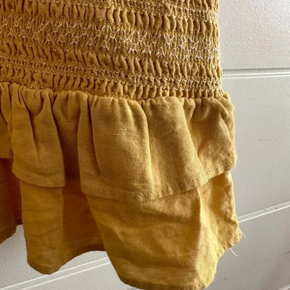 Linen Smocked Knee Length Dress - Yellow/ White Size: Estimate XS/S - Picture 9 of 14
